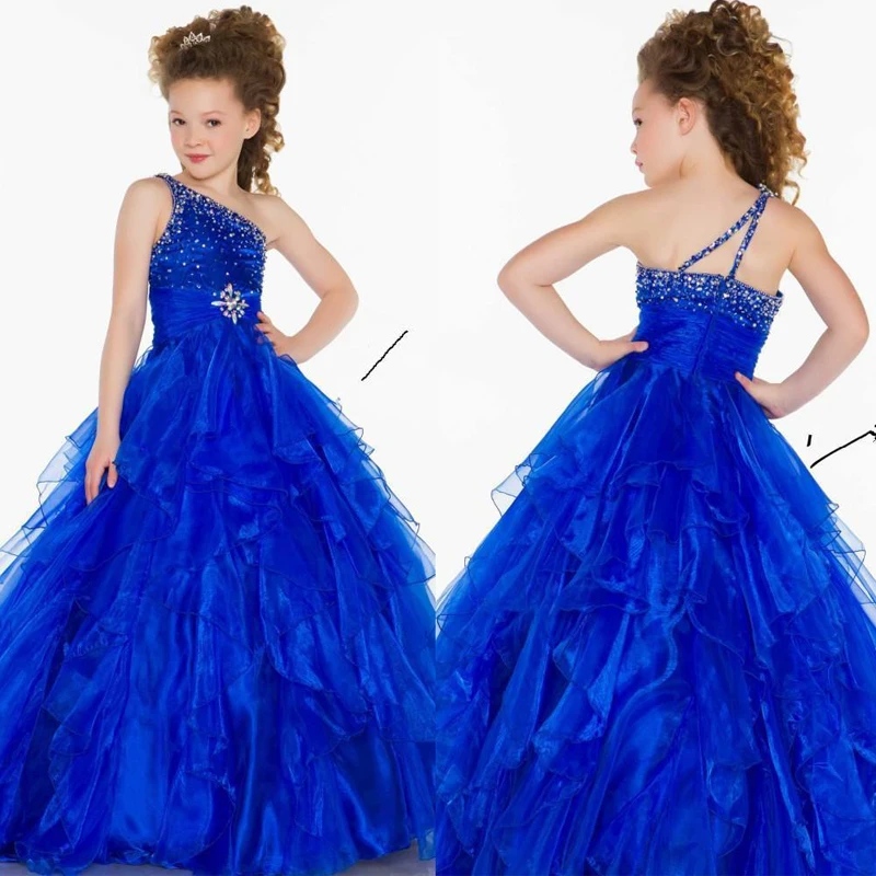 Royal blue A line Organza Princess Girls Pageant Dresses One shoulder