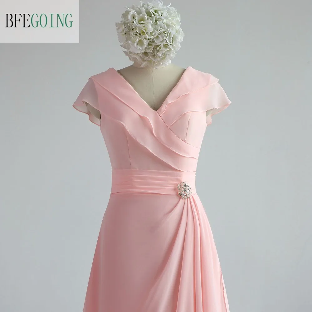 sachin and babi light blue dress Pink Chiffon A-Line Bridesmaid Dress Floor-Length V-Neck Cap Sleeves  Real/Original Photos Custom Made