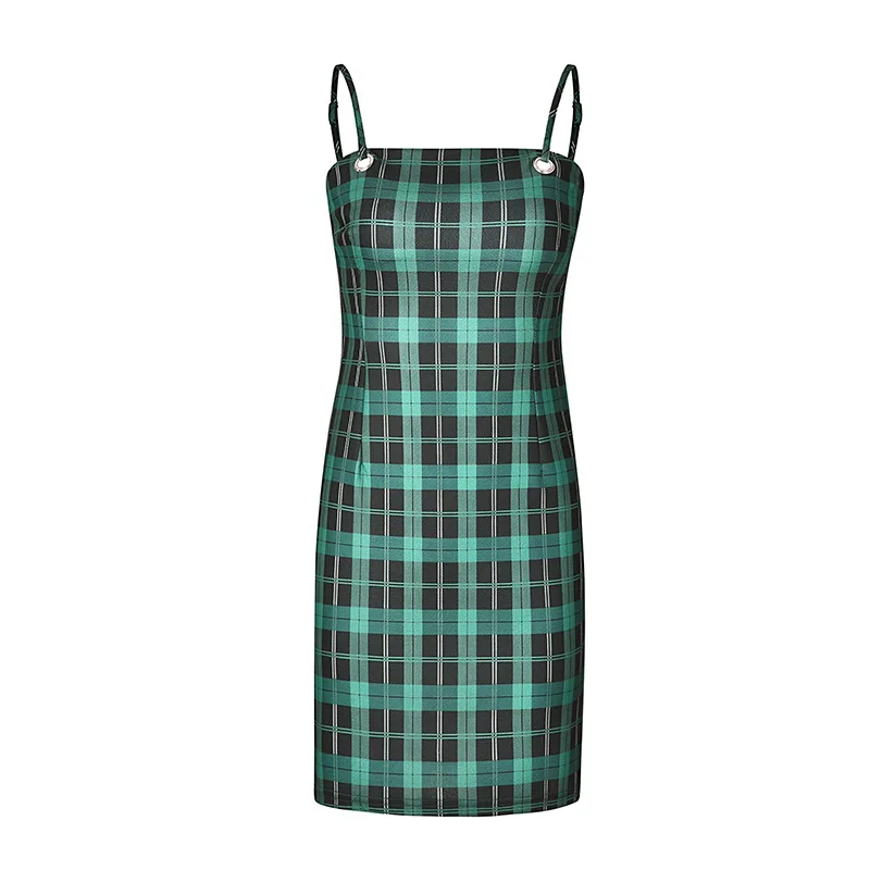 Women Fashion Green Retro Mini vestido 2018 Summer Female Backless Straps Plaid A line Dresses 