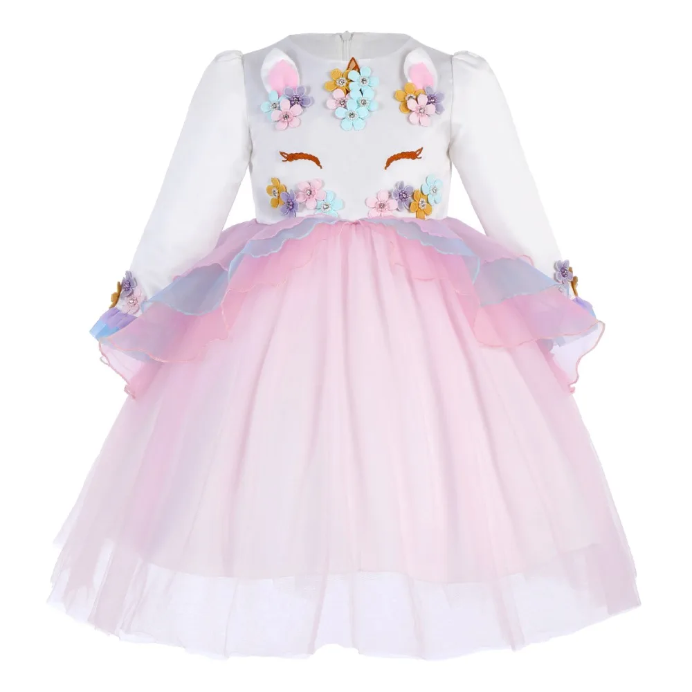 Платье с единорогом и цветами для девочек; модное зимнее платье-пачка из тюля с длинными рукавами для маленьких детей милые детские платья для девочек на день рождения