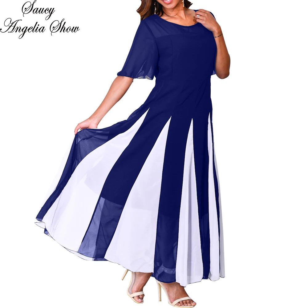 SAUCY ANGELIA Women Summer Dress Elegant Royal Blue Patchwork Long Maxi ...