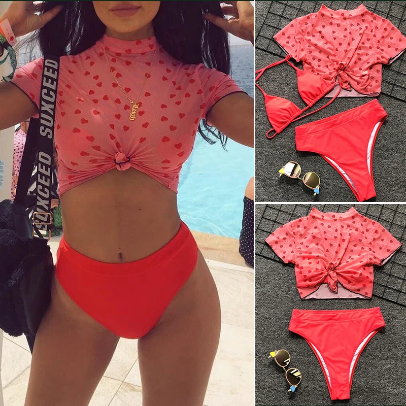 Online In X 3 stück badeanzug frauen Sexy Hohe taille bikini 2020 push up bademode frauen badeanzug Sommer strand tragen Rot print crop top