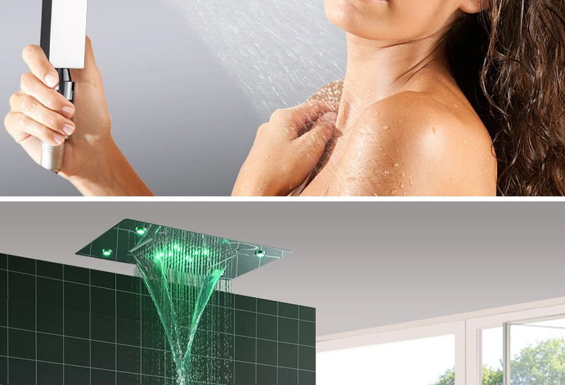 hm Shower System Double Waterfall Rainfall Large Ceiling LED Rain Shower Head Recessed Automatic Color Change Thermostatic Tap (10)