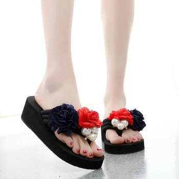 

Pure Handmade Chanclas Flower Big Pearl Slippers Women Fashion Platform High Heel Beach Flip Flops Sandals Zapatos Mujer Lady