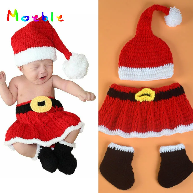 Crochet Newborn Baby Girls Christmas Costume Set Infant Santa Clothing