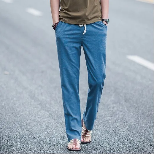 Male Elastic Waist Flax Pants Men Casual Linen Trousers