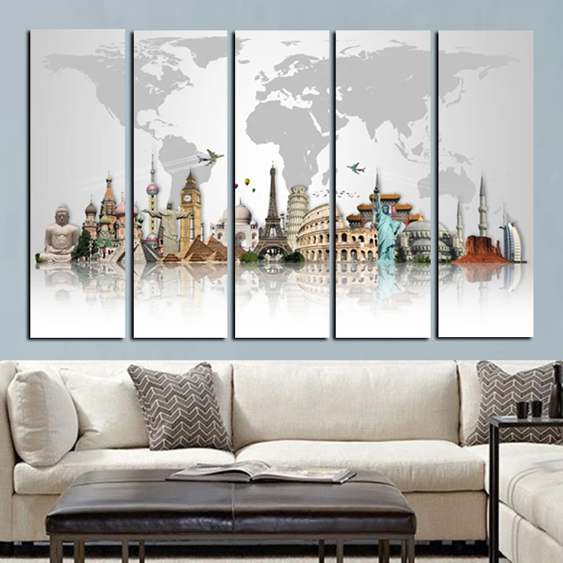 5Panel Large Size HD Prints 3D World Famous Buildings on Canvas Modular Wall Paintings Wall Art Picture For Living Room