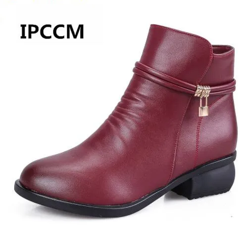 

IPCCM Female Motorcycle Boots Women Shoes 2018 New Genuine Leather Wedge Boots Short Plush Metal Decoration Ankle Boots