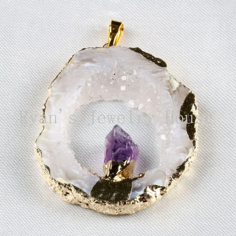 S050-7 Open Agate Druzy With Amethyst Pendants