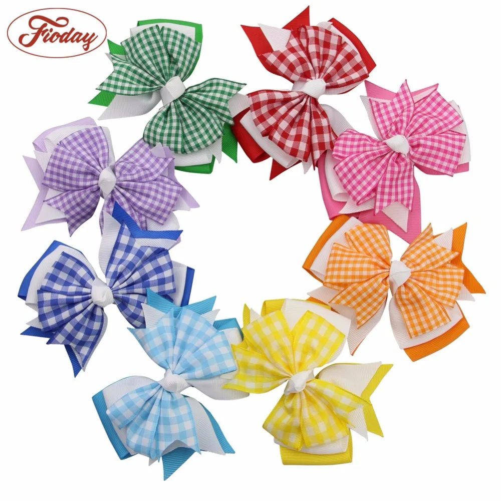 

8pcs 4" Gingham Ribbon Three Layered Girl Hair Bow Clips Hairbow Assorted 8 Color MIX085C Drop Shipping