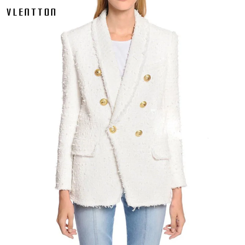 

Long blazer woman spring autumn 2019 New office white Blazer Women's Double Breasted Lion Buttons Tweed jacket ladies blazer