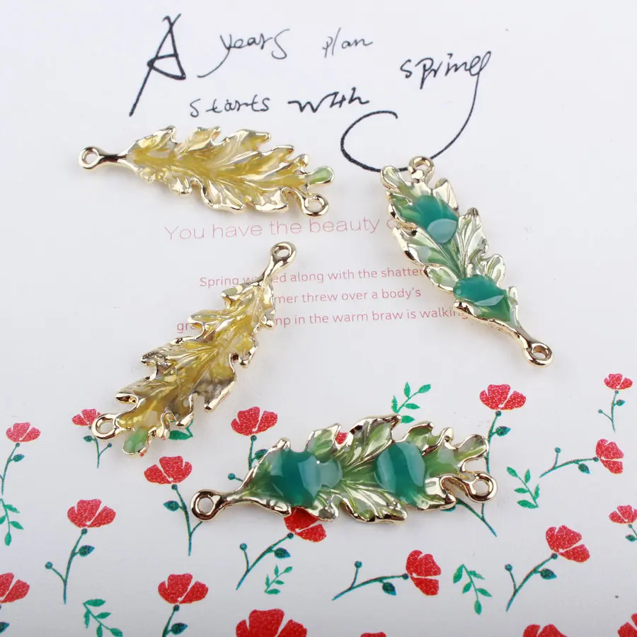 

Free Shipping 10pcs 13*36MM Gold Tone Plated Enamel Alloy 3D Plant Leaf Shape Pendants Oil Drop Bracelet Necklace Metal Chams