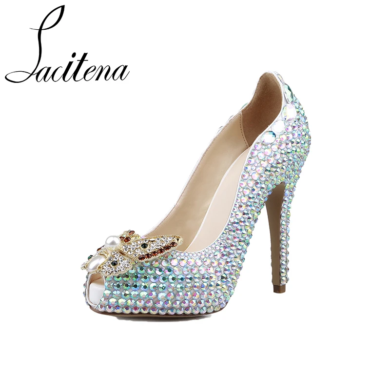 

Color Crystal Colored Diamond Butterfly Peep Toe High-Heeled Shoes Women's Pearl Shoes Women's Crystal Shoes