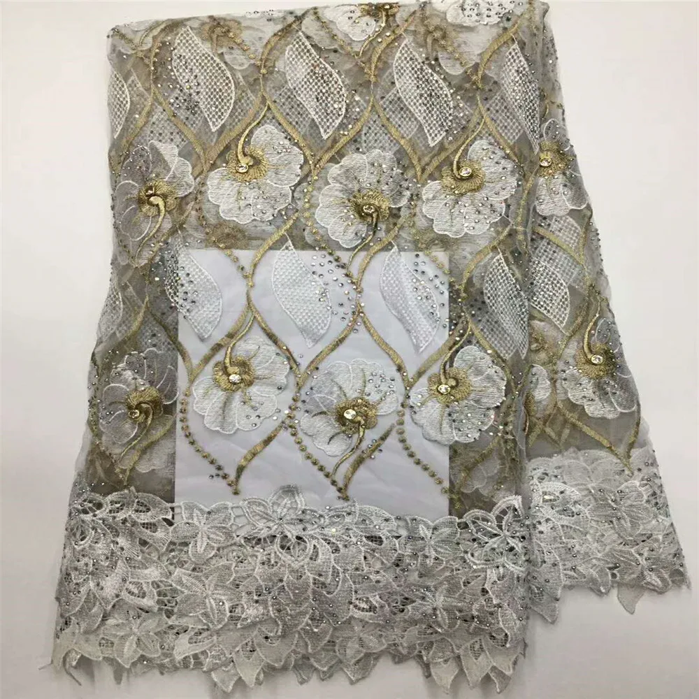 

5 Yards Latest Embroidery Design White / Gold African Party Dress Tulle Laces Rhinestone Fabric X413-01