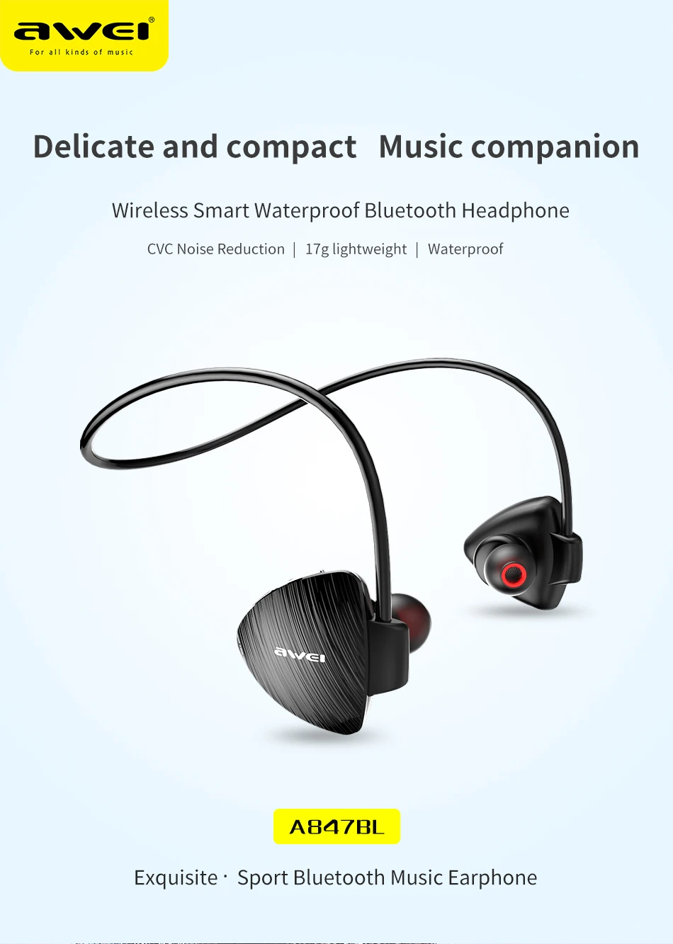 AWEI A847BL IPX4 водонепроницаемые спортивные беспроводные Bluetooth наушники CSR Chip HD Sterep Sound Neckband 17g с микрофоном для бега