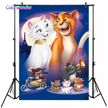 

Cartoon Animals World Photography Background White Cat with Orange Cat and Their Baby Cats 5x7ft City Night Backdrop for Newborn