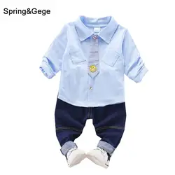 Комплекты одежды для мальчиков младенцев Новая весенне-осенняя детская одежда для мальчиков 2 шт. синие джинсы + хлопковая рубашка с