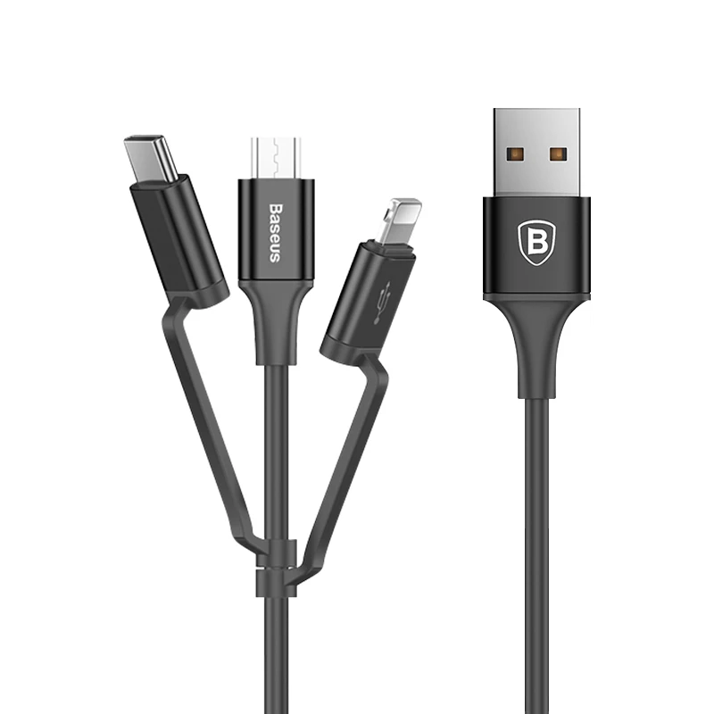 Baseus 3 в 1 USB кабель для iPhone Micro usb type C кабель зарядного устройства для iPhone Xs Max X 8 7 samsung Oneplus Android Кабели для телефонов - Цвет: Black