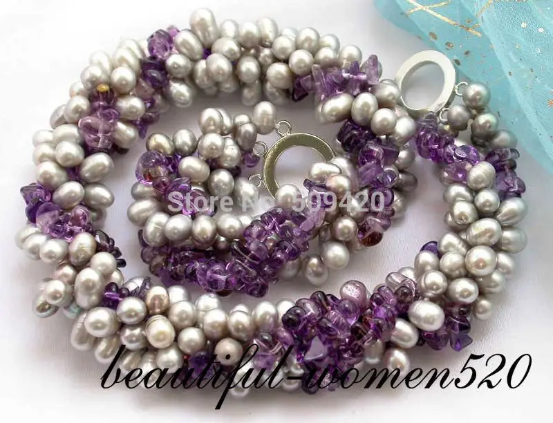

Shipping 4row 17" 9mm rice gray FW pearl amethyst necklace (C0309)