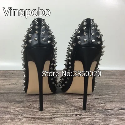 2New-women-s-black-high-heeled-rivet-shoes-exclusive-patent-brand-PU-leather-Ms-10cm-12cm