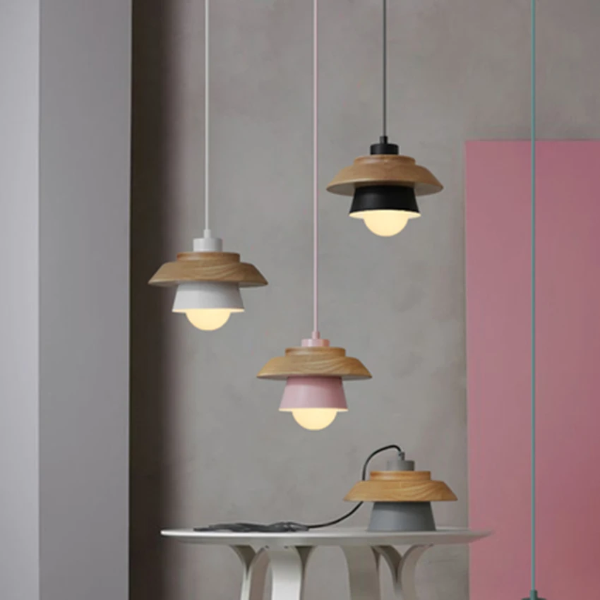 

Nordic Color Art Wood Pendant Lights Modern LED Iron Pendant Lamp Living Room Restaurant Aisle Corridor Decor Lighting Luminaire