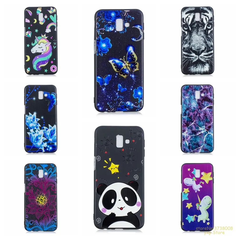 

Phone Case For Samsung Galaxy A7 2018 A750 / J4 Plus /J6 Plus unicorn Panda butterfly lion girl 3D Relief Black TPU Cover hoesje