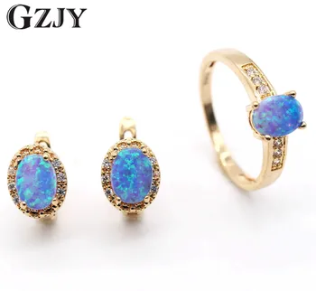 

GZJY Beautiful Bule Oval Fire Opal Jewelry Champagne Gold Color Zircon Ring Earrings Set For Women Wedding Anniversary
