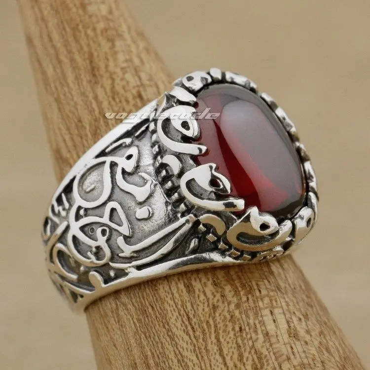 

925 Sterling Silver Decorative Pattern Huge Red CZ Stone Fashion Ring 9K015