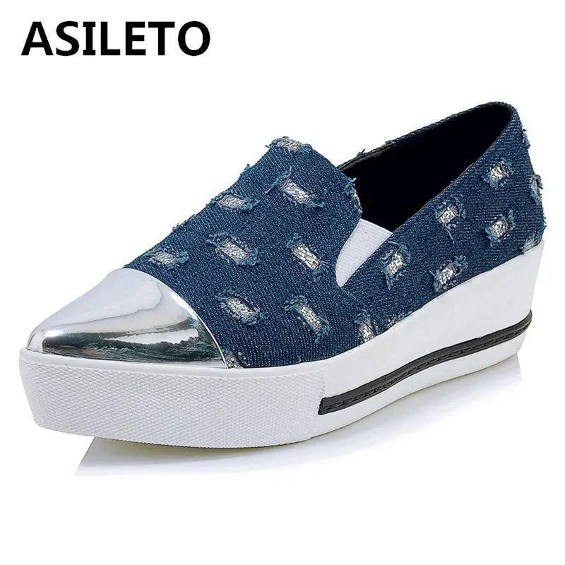 

ASILETO real sheepskin leather shoes women high heels wedge pumps platform western broken denim shoes pointed steel toe zapatos