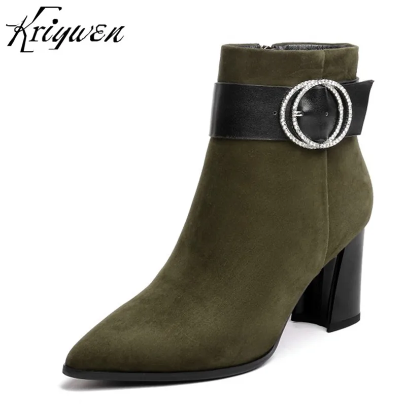 

2018 Autumn Women Fashion Boots Pointed Toe Metal Decoration Woman Casual Shoes High Heels Ladies Zipper Boots Natural Suede