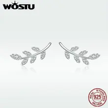 WOSTU, минималистичный стиль, 925 пробы, серебряные серьги в виде листьев, циркониевые маленькие серьги-гвоздики для женщин, модные подлинные ювелирные изделия DAE031