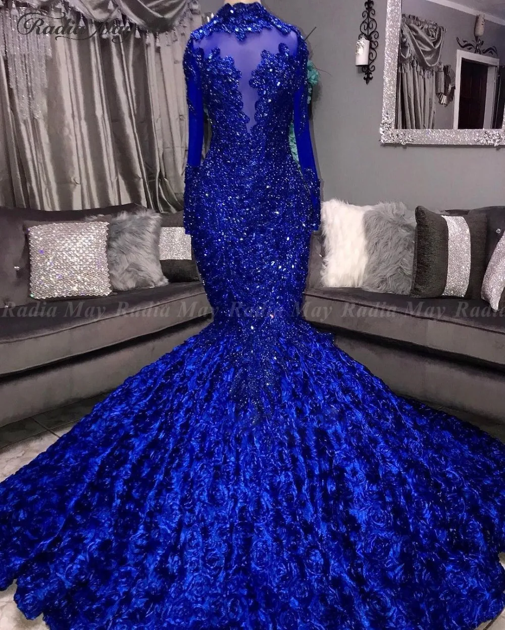 Royal Blue 3D Floral Mermaid Prom Dresses Black Girls High Neck Long