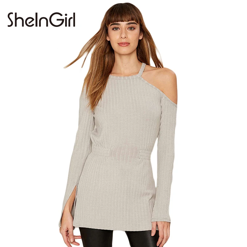 SheinGirl Solid Gray Women Sweaters One Shoulder Long Sleeve Asymmetrical Crew Collar Casual 