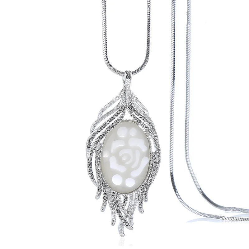 

C977 Elegant Feather Necklace Zirconia Stone Opal Long Pendant Sweater Chain For women Accessories