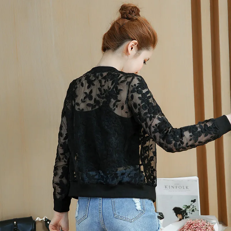 2019 Summer Organza Thin Short Jacket Women Embroidery Lace Women Basic Coats Black White Cardigan Bomber Jacket Chaquetas C4487 2019 Summer Organza Thin Short Jacket Women Embroidery Lace Women Basic Coats Black White Cardigan Bomber Jacket Chaquetas C4487