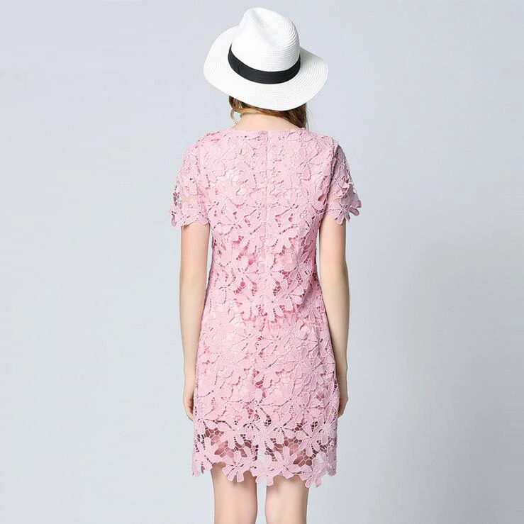 Pink Color Big Size Elegant Lace Dresses Summer Dress Sexy Hollow Out Short Sleeve Sweet Women Dress 5XL Plus Size Vestidos