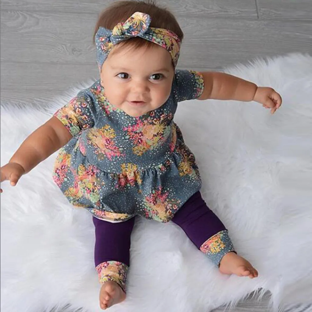 

2019 Newborn Infant Kids Baby Girl Floral T-shirt+Long Pant+Headband Fashion Outfits Clothes Suit 70-100