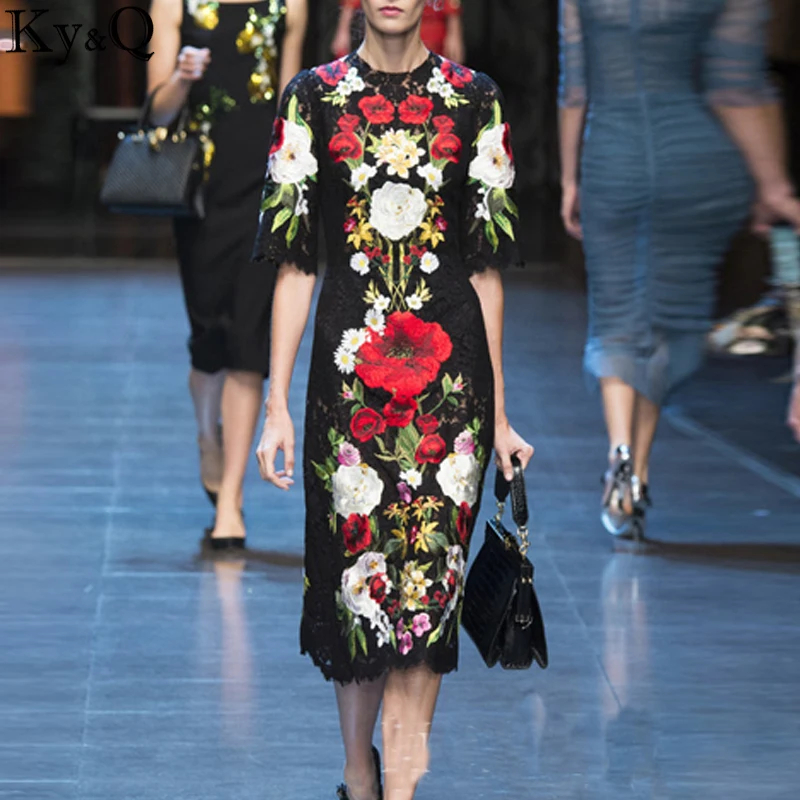 2018 Summer Black Lace Long Dress Women Runway Designer Clothes Floral Embroidery Autumn Party Midi Dresses Tunic plus size 2018 Summer Black Lace Long Dress Women Runway Designer Clothes Floral Embroidery Autumn Party Midi Dresses Tunic plus size