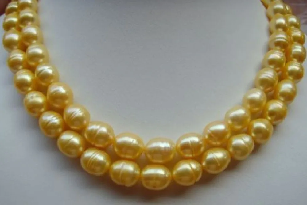 

free shipping charming 2 ROWS 11-13mm south sea golden pearl necklace 17inch . yellow ()
