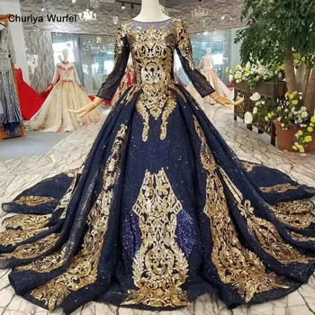 

LSS376 navy blue evening dress ladies with golden sequin o neck long sleeve muslim sparkly party dress long women occasion dress