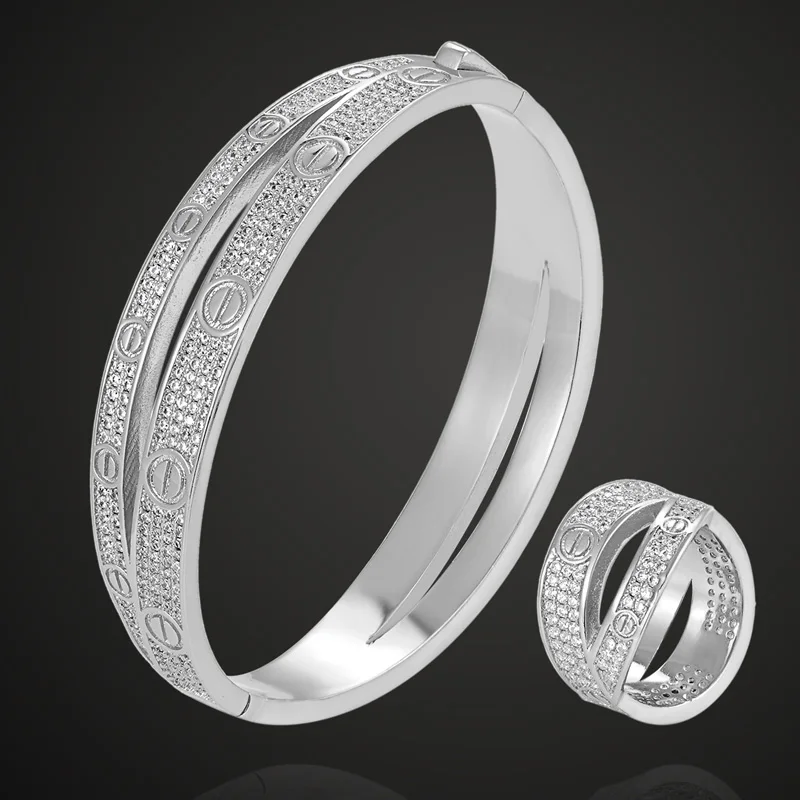 

Zlxgirl jewelry Brand Gold-Color full Zircon Bangle And ring Jewelry Sets of bridal jewelry sets Women Love Bangles ring sets