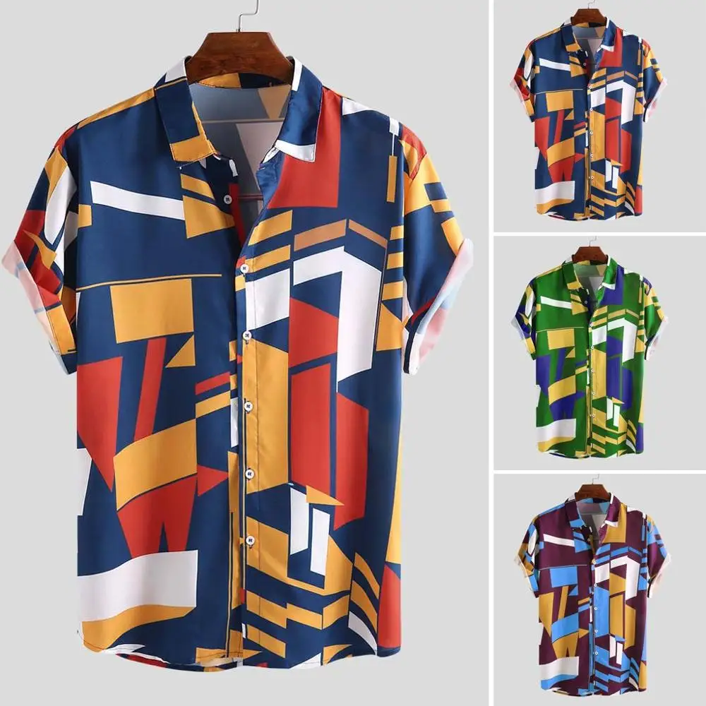 

Mens Geometric Shirts Contrast Color Geometric Printed Turn Down Collar Short Sleeve Loose Shirts