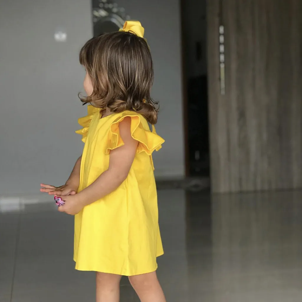 

Summer Infant Baby Girls Fly Sleeve Solid Bow Dress Clothes Dresses