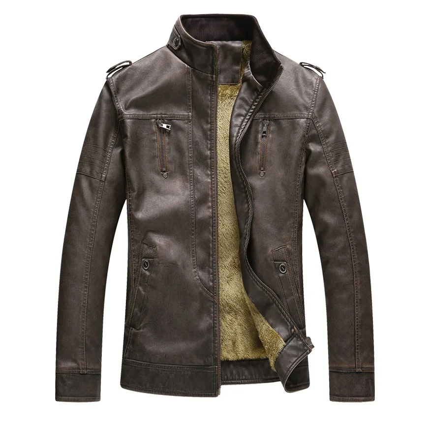 KH New Fashion Retro Motorcycle Winter Leather Jacket Male Casual Fleece Thicker Stand Collar Motorbike Leather Jacket for Men KH New Fashion Retro Motorcycle Winter Leather Jacket Male Casual Fleece Thicker Stand Collar Motorbike Leather Jacket for Men