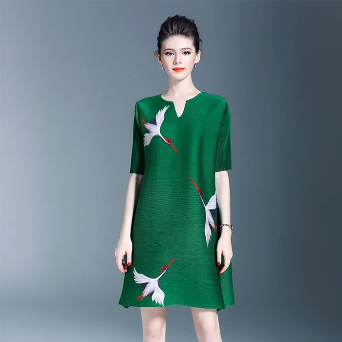 Платье размера плюс, женское, повседневное, с принтом, весна, новая мода, Miyake, плиссированные, свободные, половина рукава, платья, опт - Цвет: Green