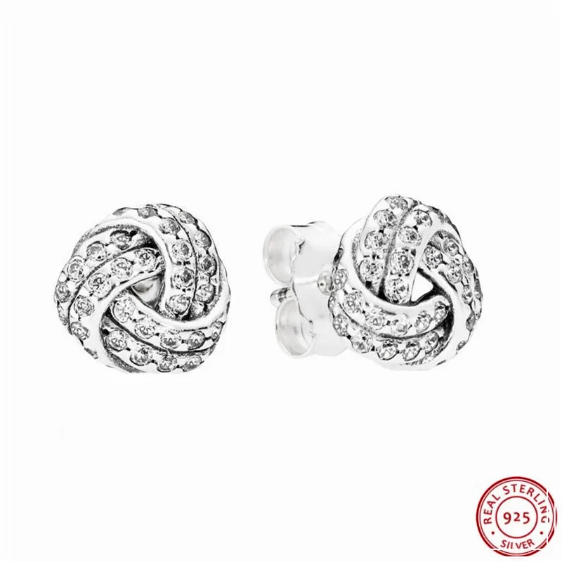 

Mother's Day Gift Stone-studded Sparkling Love Knots Stud Earrings for Women Real 925 Sterling Silver Jewelry Wholesale FLE060