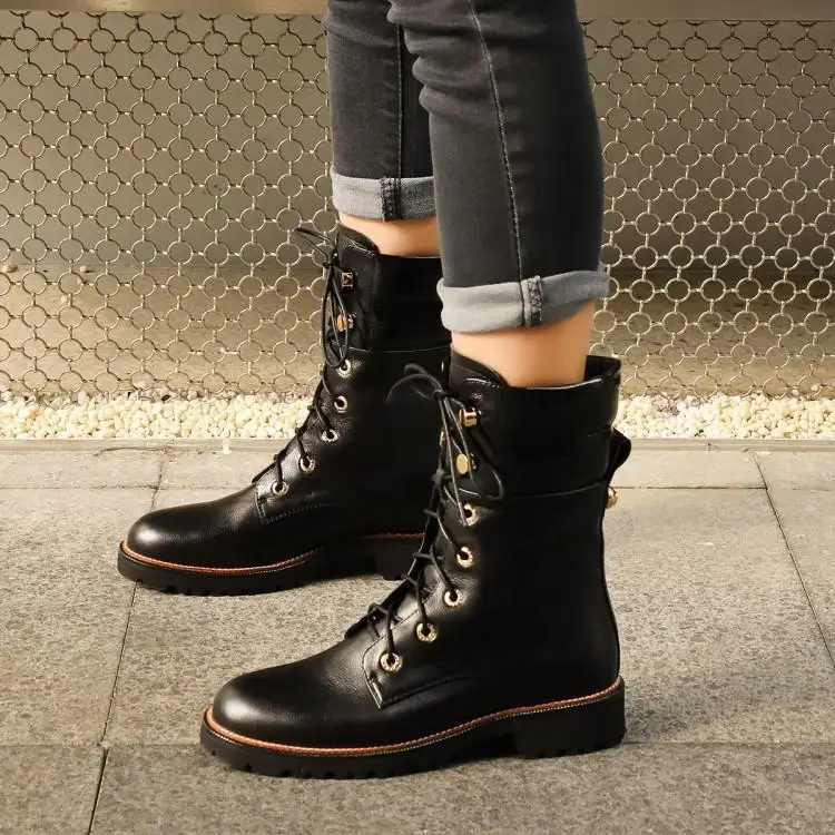 Femmes Bout Femme Show De Bottes Daim Cheville 2018 Nouveau Chaussures Rond Botas En Talon Style Dames Noir Bas Cuir Martin Britannique Chunky As wvqxfC