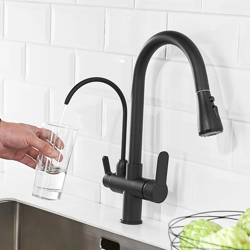 FLG Black Kitchen Faucet Filter Water Sink Faucet Pull Down Out Taps Swivel Multifunction Water Outlet Mixer Tap 1030-33B