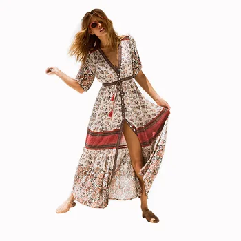 

Female Vintage Maxi Summer Dresses Women Elastic Band V Neck Long Dress Button Up Vestidos Party Dress Elegant Robe Femme W1091