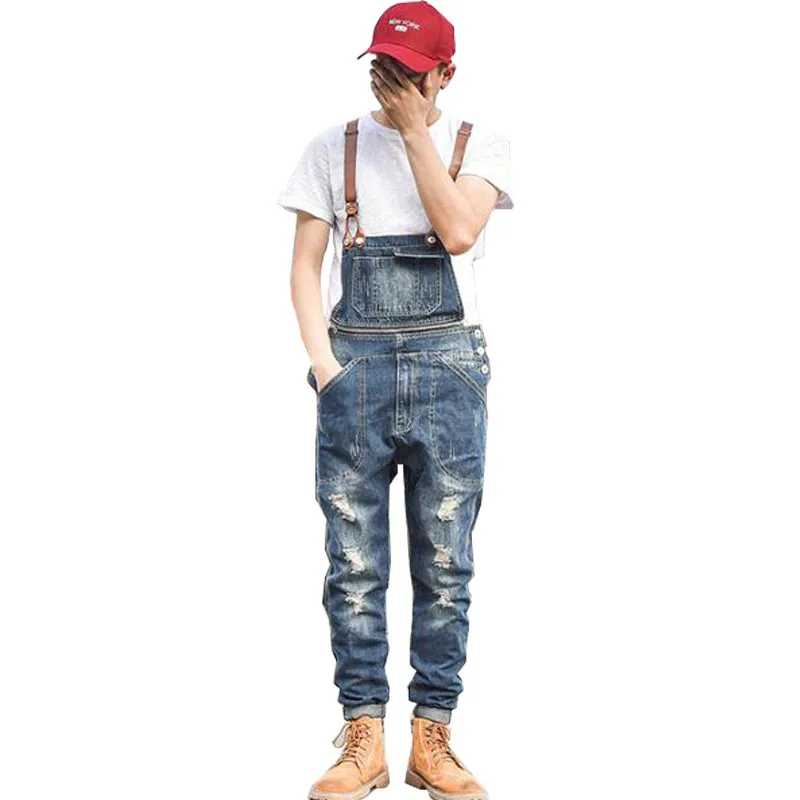 MORUANCLE New Men's Ripped Denim Bib Overalls Fashion Distressed Jeans